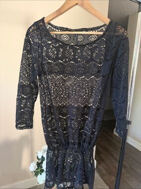 Ralph Lauren Black Crochet Lace Long-Sleeve Dress Swim Cover-Up Size M